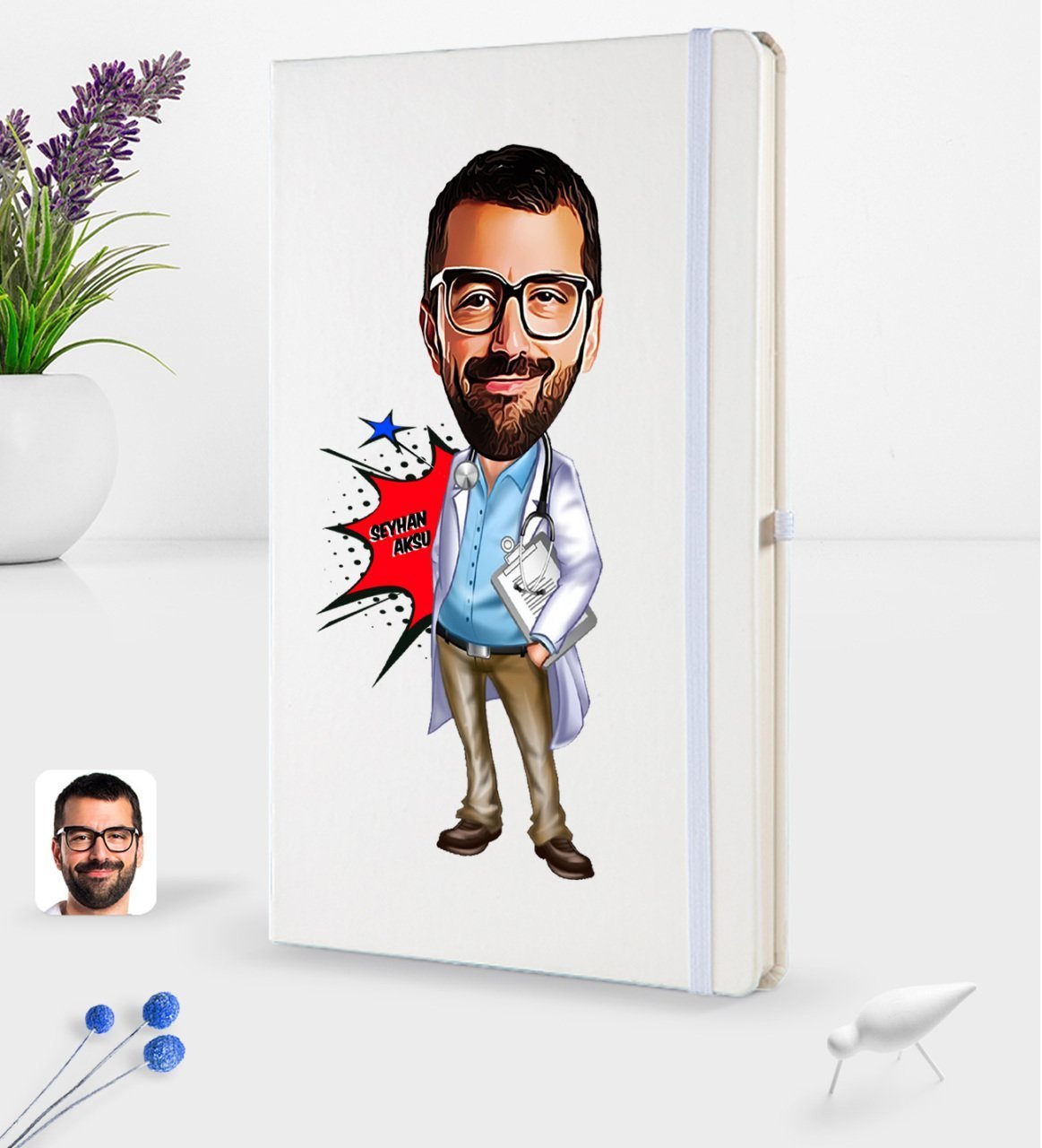 Kişiye Özel Erkek Doktor Karikatürlü Beyaz Termo Deri Defter 16x24cm Model 3