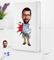 Kişiye Özel Erkek Doktor Karikatürlü Beyaz Termo Deri Defter 16x24cm Model 3