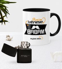 Kişiye Özel Benim Kahraman Babam Siyah Kupa Bardak Benzinli Metal Çakmak Seti