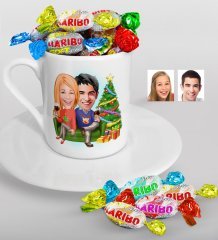 Kişiye Özel Yeni Yıl Sevgililer Karikatürlü Türk Kahvesi Fincanı ve Haribo Şeker Hediye Seti-4