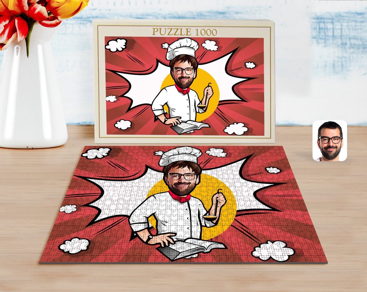 Kişiye Özel Erkek Chef Karikatürlü 1000 Parça Profesyonel Puzzle-12