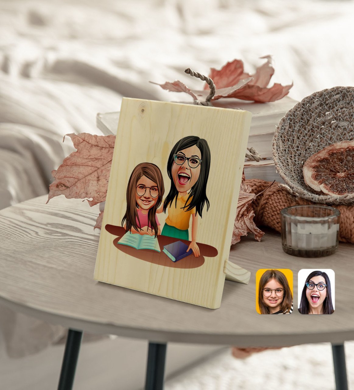 Kişiye Özel Anne Kız Karikatürlü Dekoratif Ahşap Çerçeve Model 1