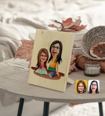 Kişiye Özel Anne Kız Karikatürlü Dekoratif Ahşap Çerçeve Model 1