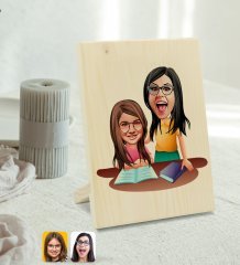 Kişiye Özel Anne Kız Karikatürlü Dekoratif Ahşap Çerçeve Model 1