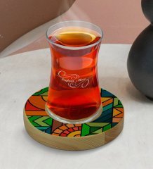 Kişiye Özel Modern Art Tasarımlı Doğal Ahşap Tabaklı Heybeli Çay Bardağı Model 15