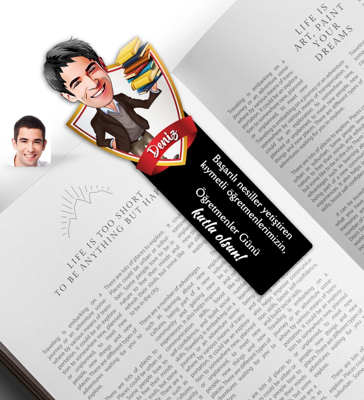 Kişiye Özel Erkek Öğretmen Karikatürlü Ahşap Kitap Ayracı