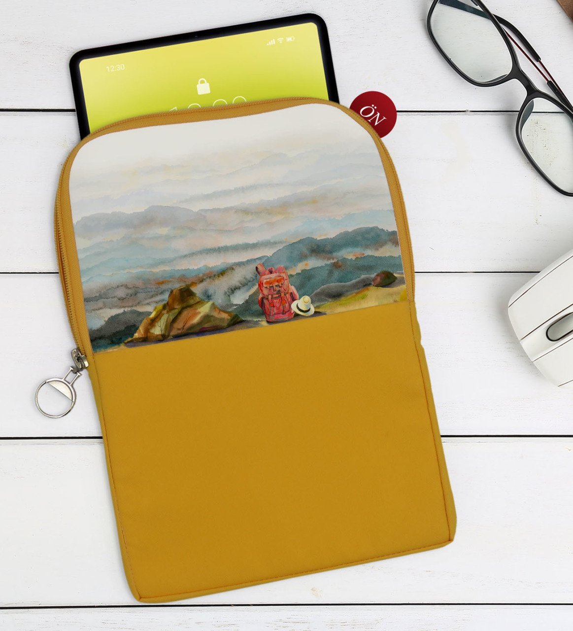 BK Gift Suluboya Tasarımlı Taşınabilir Koruyucu Tablet Kılıfı & Organizer Çanta - Sarı-1