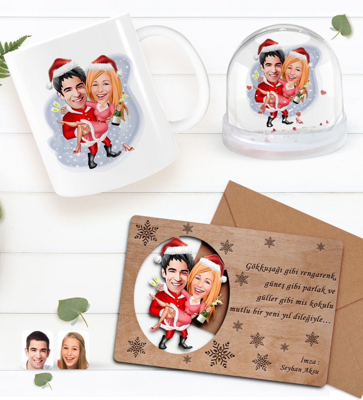 Kişiye Özel Karikatürlü Kar Küresi & Beyaz Kupa Bardak & Retro Ahşap Yılbaşı Tebrik Kartı Hediye Seti-13F