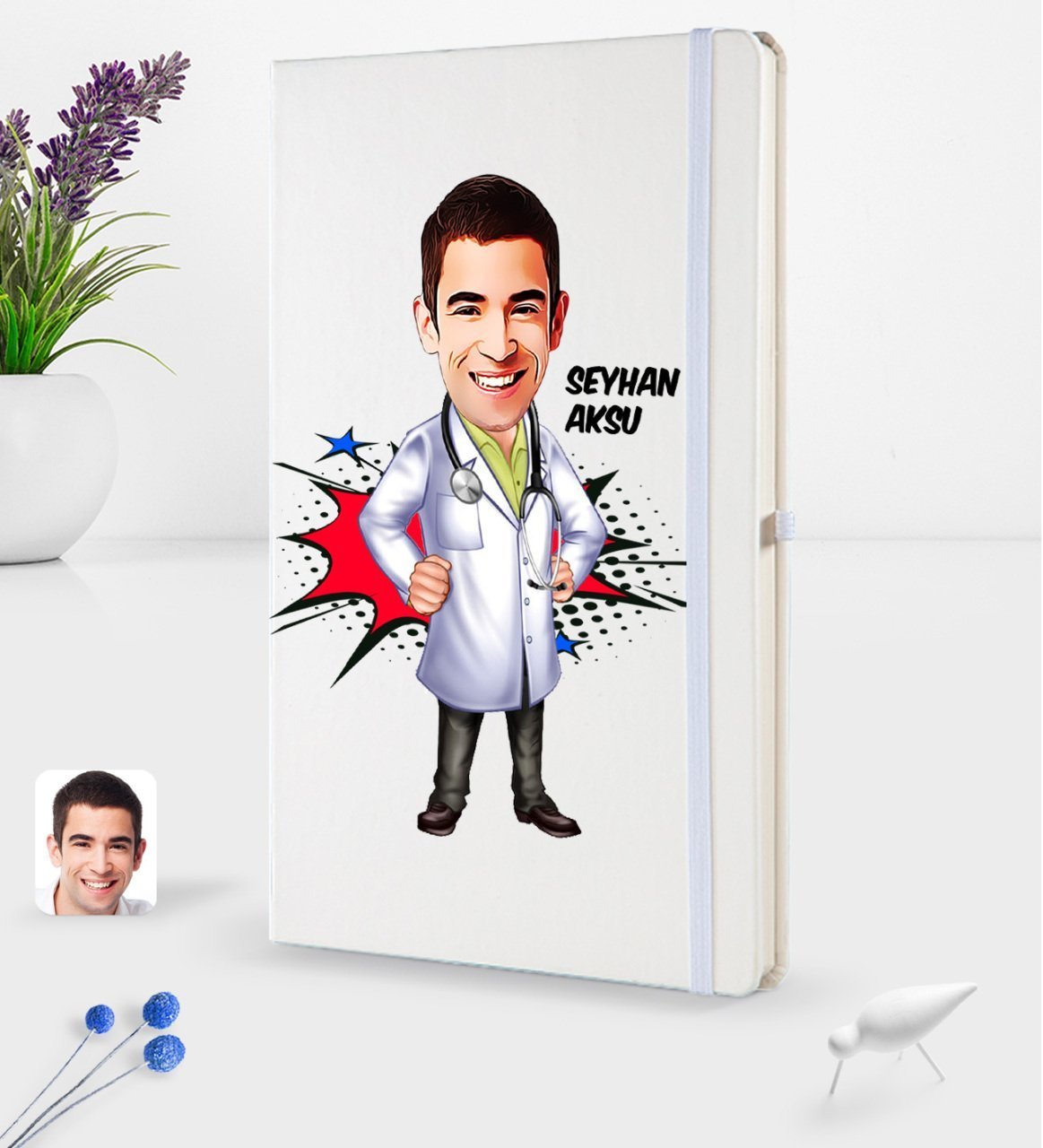 Kişiye Özel Erkek Doktor Karikatürlü Beyaz Termo Deri Defter 16x24cm Model 2