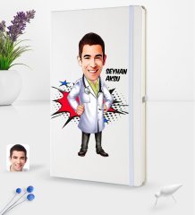 Kişiye Özel Erkek Doktor Karikatürlü Beyaz Termo Deri Defter 16x24cm Model 2