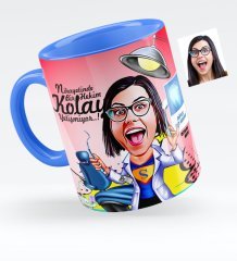Kişiye Özel Bayan Diş Hekimi Karikatürlü Mavi Kupa Bardak - 1