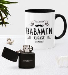 Kişiye Özel Babamın Kupası Siyah Kupa Bardak Benzinli Metal Çakmak Seti