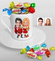 Kişiye Özel Yeni Yıl Sevgililer Karikatürlü Türk Kahvesi Fincanı ve Haribo Şeker Hediye Seti-3