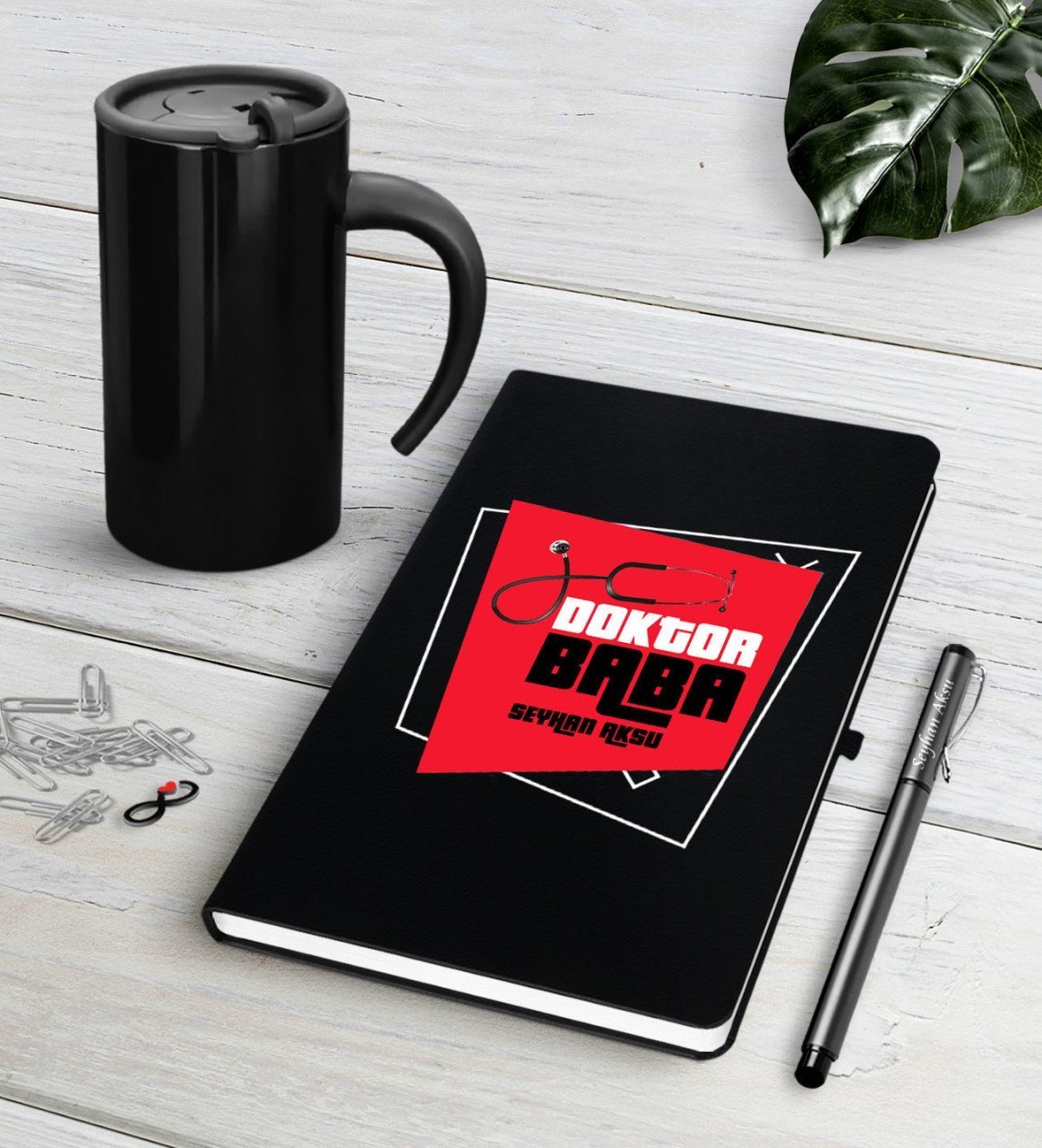 Kişiye Özel Doktor Baba Siyah Defter Kalem Termos Mug Seti-1