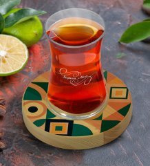 Kişiye Özel Modern Art Tasarımlı Doğal Ahşap Tabaklı Heybeli Çay Bardağı Model 14