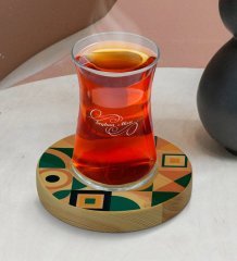 Kişiye Özel Modern Art Tasarımlı Doğal Ahşap Tabaklı Heybeli Çay Bardağı Model 14