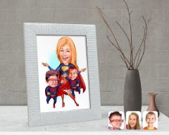 Kişiye Özel Süper Anne ve Çocuklar Karikatürlü Dekoratif Çerçeve-1