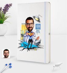 Kişiye Özel Erkek Doktor Karikatürlü Beyaz Termo Deri Defter 16x24cm Model 1