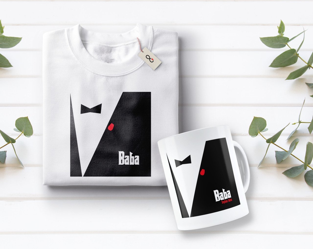 Kişiye Özel Baba Godfather Tasarımlı Beyaz Tişört ve Kupa Seti-3