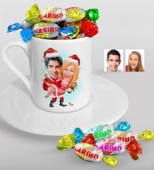 Kişiye Özel Yeni Yıl Sevgililer Karikatürlü Türk Kahvesi Fincanı ve Haribo Şeker Hediye Seti-2