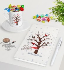 Kişiye Özel Yılbaşı Mutlu Yıllar Beyaz Defter Kalem Türk Kahvesi Fincanı ve Haribo Şeker Hediye Seti-25