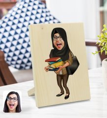 Kişiye Özel Tesettürlü Kadın Öğretmen Karikatürlü Dekoratif Ahşap Çerçeve Model 2