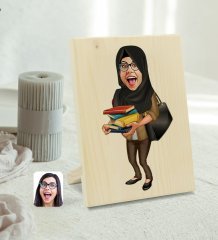 Kişiye Özel Tesettürlü Kadın Öğretmen Karikatürlü Dekoratif Ahşap Çerçeve Model 2