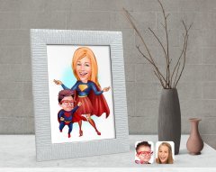 Kişiye Özel Süper Anne ve Çocuk Karikatürlü Dekoratif Çerçeve-1