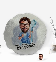 Kişiye Özel İsimli Erkek Diş Hekimi Karikatürlü Yuvarlak Dekoratif Kırlent Yastık-2