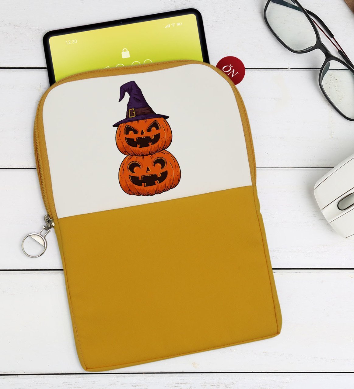 BK Gift Pumpkin Tasarımlı Taşınabilir Koruyucu Tablet Kılıfı & Organizer Çanta - Sarı-1