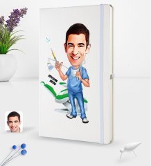 Kişiye Özel Erkek Diş Hekimi Karikatürlü Beyaz Termo Deri Defter 16x24cm Model 4