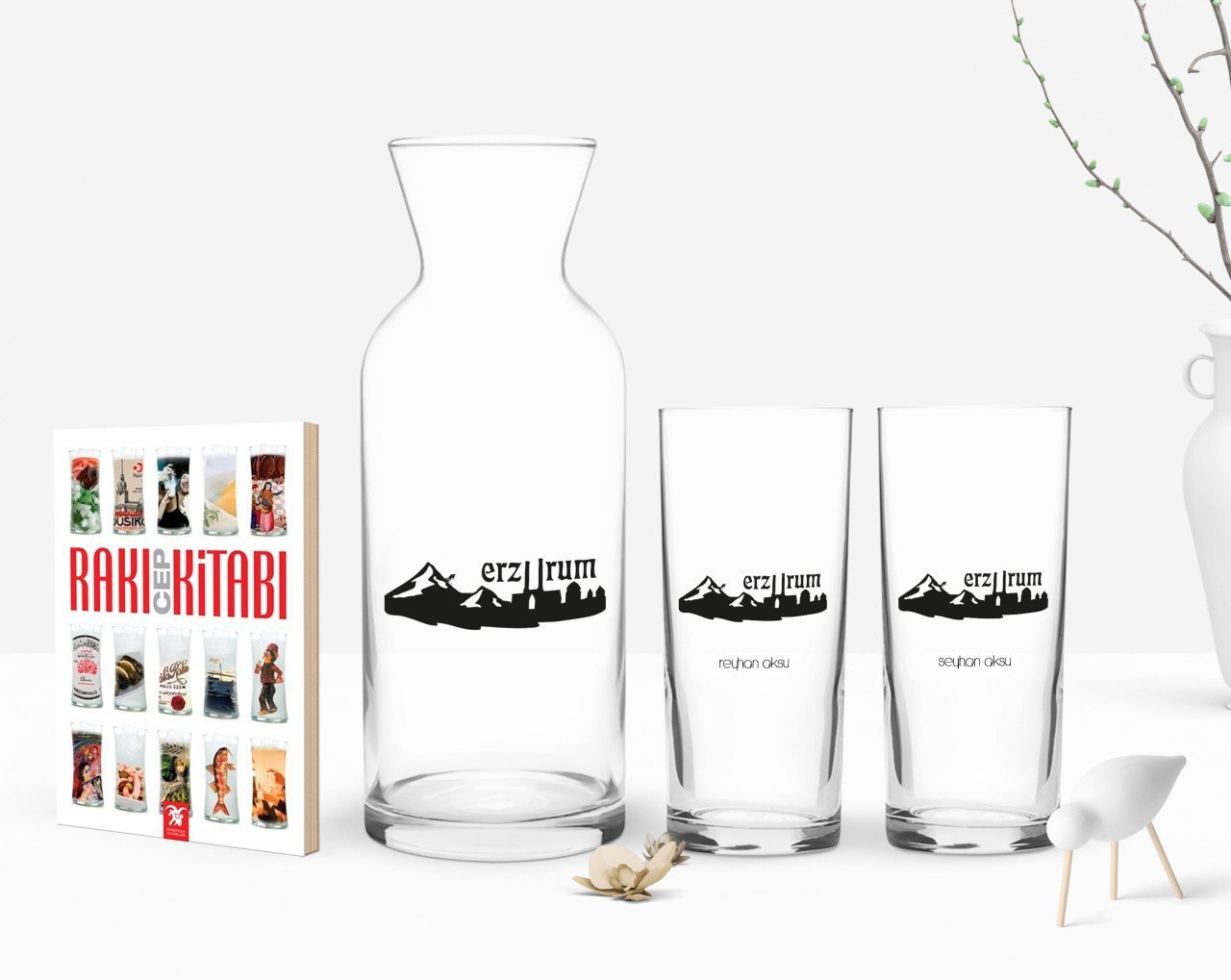 Kişiye Özel Renkli Baskılı Erzurum Tasarımlı Turistik İkili Rakı Bardağı Karaf ve Cep Kitabı Hediye Seti-2