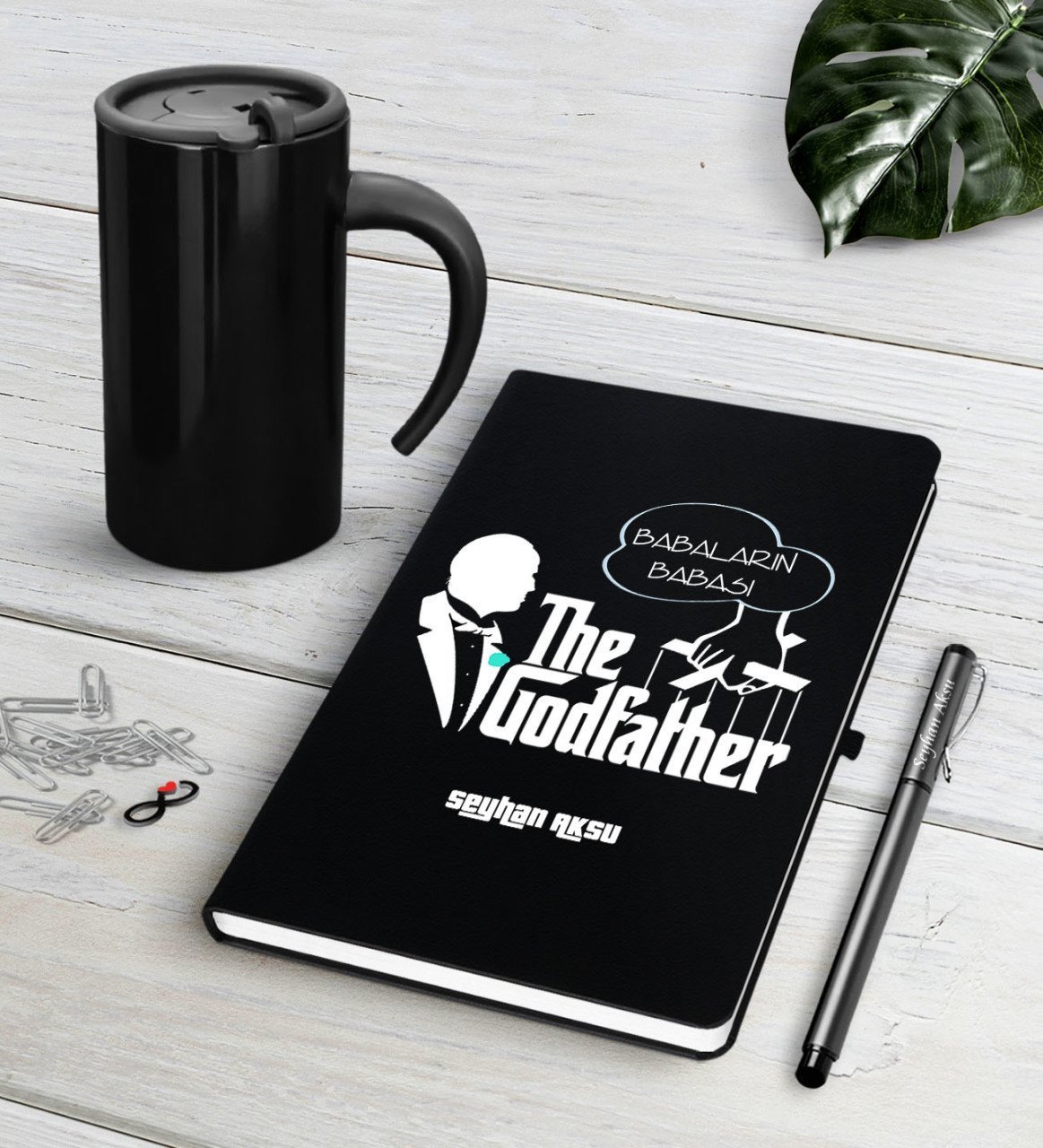 Kişiye Özel Babaların Babası Siyah Defter Kalem Termos Mug Seti-3