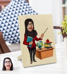 Kişiye Özel Tesettürlü Kadın Öğretmen Karikatürlü Dekoratif Ahşap Çerçeve Model 1