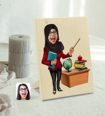 Kişiye Özel Tesettürlü Kadın Öğretmen Karikatürlü Dekoratif Ahşap Çerçeve Model 1