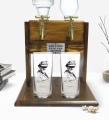 Kişiye Özel Renkli Baskılı Atatürk Tasarımlı İkili Rakı Bardağı ve Çift Musluklu Doğal Ahşap Rakı Standı-17