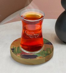 Kişiye Özel Modern Art Tasarımlı Doğal Ahşap Tabaklı Heybeli Çay Bardağı Model 11