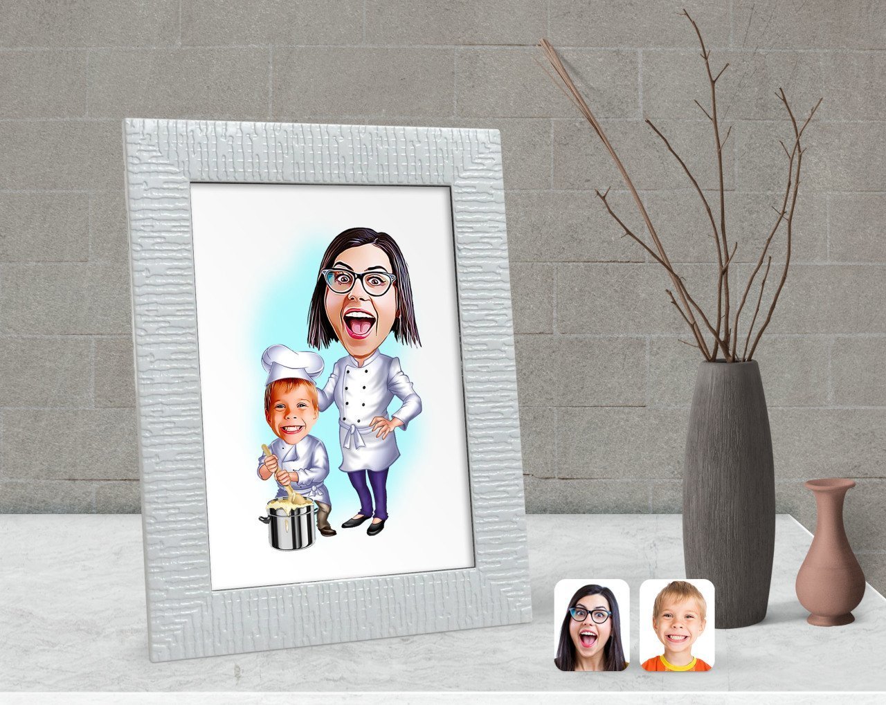 Kişiye Özel Anne Oğul Chef Karikatürlü Dekoratif Çerçeve-1