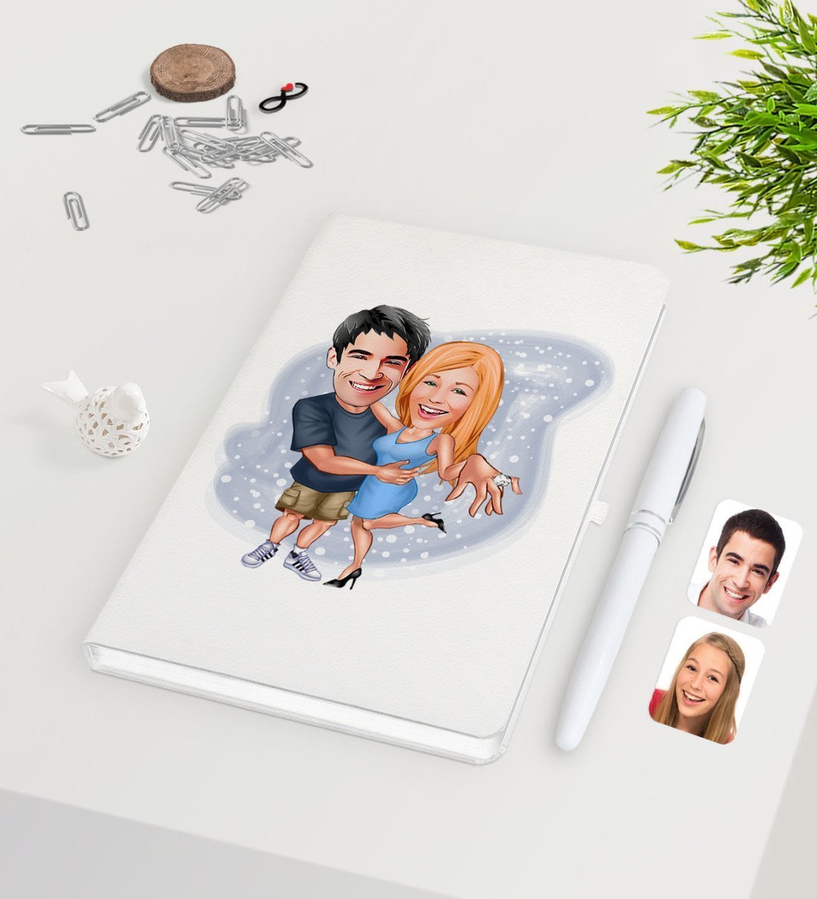 Kişiye Özel Sevgililer Karikatürlü Beyaz Defter Kalem Seti-14