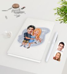 Kişiye Özel Sevgililer Karikatürlü Beyaz Defter Kalem Seti-14