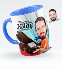 Kişiye Özel Bay Piyanist Karikatürlü Mavi Kupa Bardak - 1