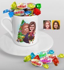Kişiye Özel Yeni Yıl Kız Kardeşler Karikatürlü Türk Kahvesi Fincanı ve Haribo Şeker Hediye Seti-3