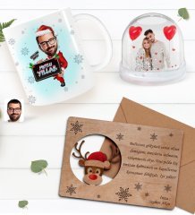 Kişiye Özel Fotoğraflı Kar Küresi & Mutlu Yıllar Kupa Bardak & Retro Ahşap Yılbaşı Tebrik Kartı Hediye Seti-13B