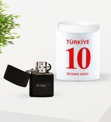 Kişiye Özel İsimli Forma Numaralı Siyah Benzinli Metal Çakmak ve Seramik Kül Tablası Seti-1