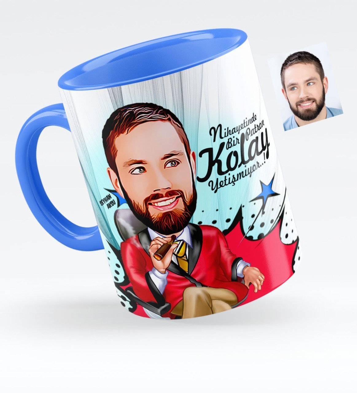 Kişiye Özel Bay Patron Karikatürlü Mavi Kupa Bardak - 2