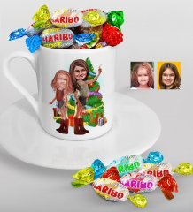 Kişiye Özel Yeni Yıl Kız Kardeşler Karikatürlü Türk Kahvesi Fincanı ve Haribo Şeker Hediye Seti-2