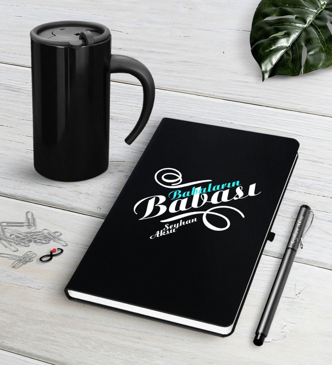 Kişiye Özel Babaların Babası Siyah Defter Kalem Termos Mug Seti-1