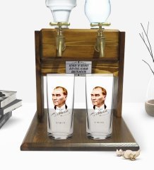 Kişiye Özel Renkli Baskılı Atatürk Tasarımlı İkili Rakı Bardağı ve Çift Musluklu Doğal Ahşap Rakı Standı-15