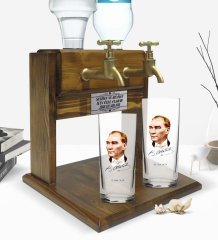 Kişiye Özel Renkli Baskılı Atatürk Tasarımlı İkili Rakı Bardağı ve Çift Musluklu Doğal Ahşap Rakı Standı-15