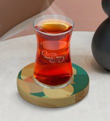 Kişiye Özel Modern Art Tasarımlı Doğal Ahşap Tabaklı Heybeli Çay Bardağı Model 9